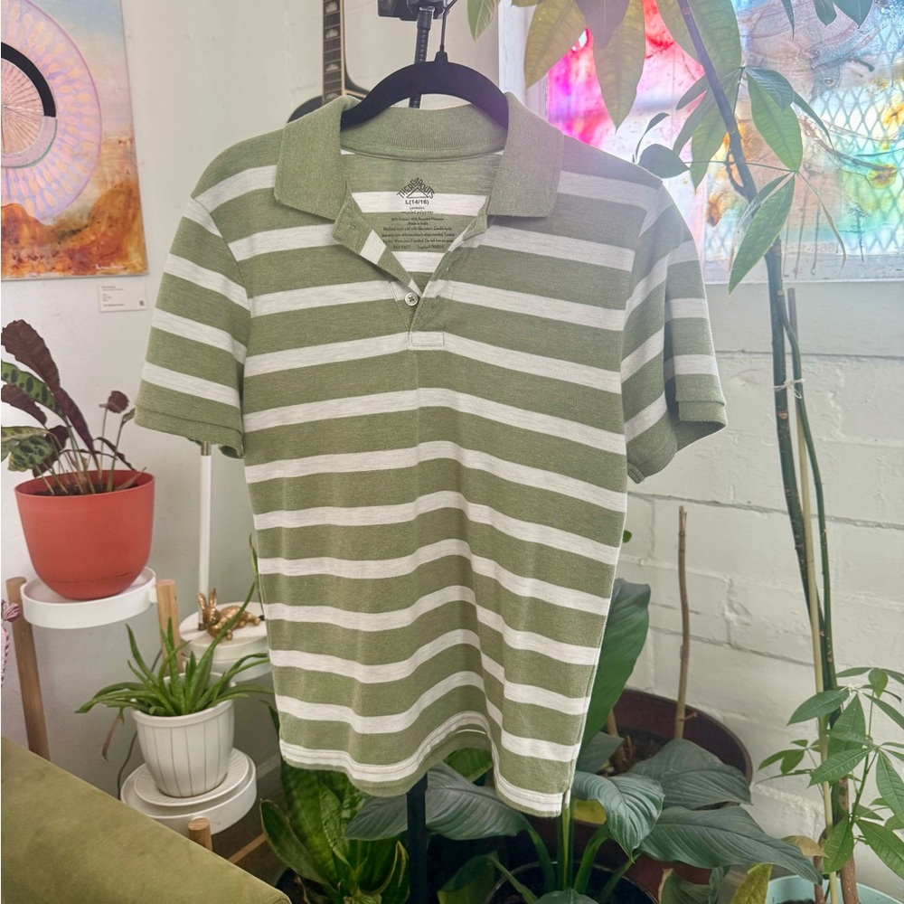Green and White Striped Polo Shirt